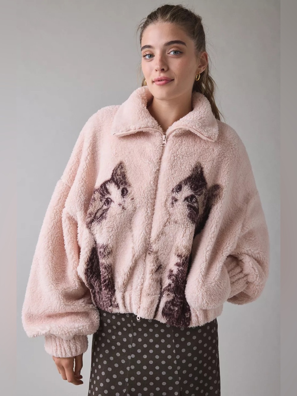 Kimchi Blue Snow Bunny Printed Piled Fleece Zip-Up Jacket